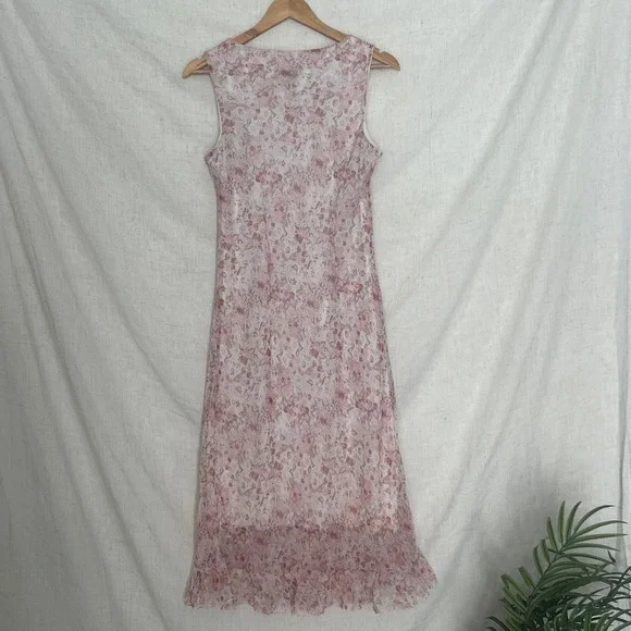 Vintage Believe Floral Pink Beige Sheer Ruffle Hem Dress Women's Size 10 - Picture 3 of 8
